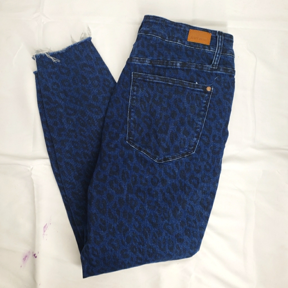 Judy blue skinny fit leopard print raw hem dark wash denim jeans 14W